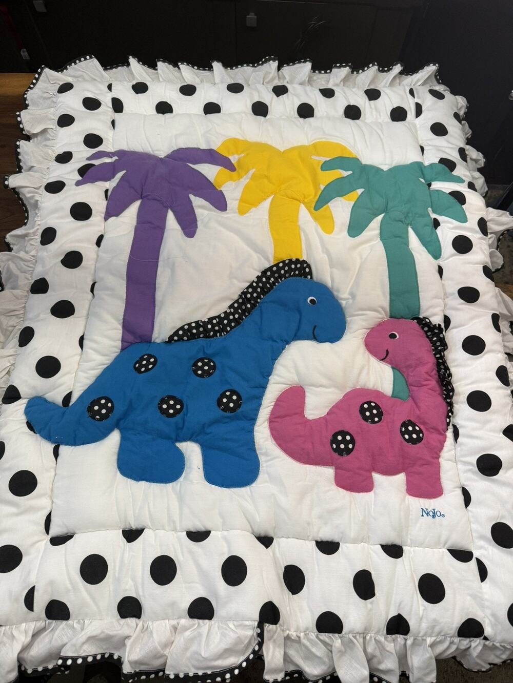 Vtg Polla Dot DinosaurCrib Blanket, Crib Skirt Bed Ruffle & Hamper Bag 3 pieces